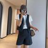 Estilo Old Money colete retro curto decote V calça pantalona shorts A terno de linho feminino 25 verão Q0420T