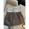 Falda Corta de Lana Patchwork Color Café Melard con Cintura Baja para Mujer, Otoño e Invierno, Elegante Falda de Punto Anti-Exposición para Figuras Pequeñas
