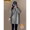Camiseta de Veludo Alemão Escovado de Manga Longa para Mulheres Outono e Inverno, Espessada, Corte Solto, Camada Base Plus Size, Comprimento Médio, Cobre os Quadris