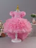 Nuevo Vestido Infantil 2025 Rosa Aplique Tridimensional Vestido de Princesa Vestido de Pastel con Cola de Lazo Infantil