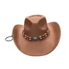 Chapéu cowboy western estilo étnico para homens e mulheres com tiras de pedras preciosas, adequado para viagens a Xinjiang e Xizang, chapéu de cavaleiro de camurça para montanhismo