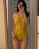 Traje de Baño Coreano Nuevo Diosa Ins Plisado Halter Sexy Espalda Descubierta Una Pieza Resort Aguas Termales Traje de Baño para Mujeres de Alta Gama