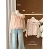 Blusa de Chiffon Assimétrica com Manga Longa, Flores Tridimensionais e Pérolas, Estilo Francês Suave, Primavera/Verão, para Mulheres 26123