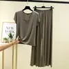 Nuevo Conjunto de Pijama de Verano Tallas Grandes Manga Larga Cuello Redondo Modal con Pantalón de Pierna Ancha Ropa para el Hogar
