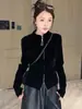 Jaqueta Cardigan de Veludo com Zíper Duplo e Manga Longa Preta para Mulheres 2025 Nova Outono Emagrecimento Visual Camada Base Gola Alta Top