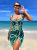 Nuevo Traje de Baño de una Pieza Europeo y Americano 2025, Conjunto de Dos Piezas Cruzado con Estampado Femenino para Cubrir Bikini, Bikini de Exportación