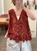 Chal de diseño estilo francés con escote en V y calados para mujer 2026, Top exterior fino retro chic con un toque elegante
