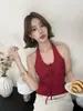 Sexy top de tiras halter con lazo, estampado de corazones y lunares para mujer, corte ajustado, longitud media, top sin espalda sexy para llevar sobre otra prenda