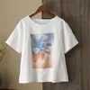 Camiseta Artística Original Vintage de Algodão e Linho Estampada de Manga Curta, Verão, Caimento Solto, Emagrecedora, Pulôver Casual Versátil