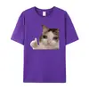 Camiseta de Algodão Tamanho Europeu2025 Verão Gato Triste Gosta de Você Gola Redonda Camiseta Unissex Modelagem Solta Preta