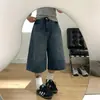 Calça Jeans Cropped Wide-Leg Estilo Retrô Americano para Mulheres, Verão Fina de Cintura Alta Emagrecimento Plus Size Reta de Caimento Solto para Mulheres Plus Size