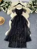 Vestido Negro Hombros Descubiertos de Alta Gama Lujo Ligero Estilo Socialité de Nicho para Mujer Tirantes Malla Costuras Abertura Vestido Largo