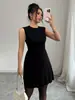 2025TK Amazon Transfronteiriço Saia Franzida Feminina Casual Europeia e Americana Sem Mangas Elegante Cor Sólida Vestido Curto