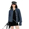 Jaqueta Jeans Retro Azul Estilo Primavera e Outono Jacquard Retro Solta Curta Manga Longa Jaqueta para Mulheres Novo Estilo
