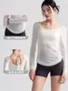 Cubierta de Verano para Yoga para Mujer, Delgada y Ligeramente Transparente, Tirantes en Forma de U, Espalda Bonita, Top de Yoga de Manga Larga de Color Contrastante de Alta Gama