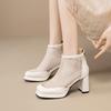 Sandalias de Malla con Punta Cuadrada para Mujer Cremallera Trasera Tacones Altos Nuevas Primavera y Verano 2025 Botines Cortos Sandalias de Tacón Grueso Que No Cansan los Pies