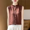 Chaleco Apilado con Cuello de Encaje de Alta Gama para Mujer, Base de Lana Peinada con Borde de Oreja de Madera, Top de Punto Holgado sin Mangas