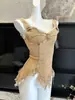 Traje de Dos Piezas Estilo Desolación de Gama Alta, Camisola de Mezclilla Ajustada con Borlas Retro, Falda Voluminosa Flor de Capullo