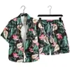 Conjunto Unisex de Camisa Floral de Manga Corta, Pantalones Casuales Retro Sueltos Estilo Perezoso, Conjunto de Camisa de Manga Corta para Hombre