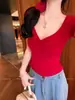 5229 # Camiseta de Manga Corta con Escote en V y Giro en el Hombro Derecho de Estilo Dulce Nuevo de Verano para Mujer, Top Ajustado Todo en Uno con Almohadillas en el Pecho