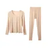 Ropa interior térmica de lyocell para otoño e invierno, capa base fina, camiseta de capa base, suave, amigable con la piel, sin costuras, cuello redondo, conjunto cálido para mujer