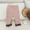 Leggings con Forro Polar para Niñas Otoño e Invierno Colorido Bloque de Color Encaje Espesos Cálidos para Uso en Exteriores