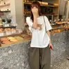 Camiseta blanca de algodón estilo retro americano con estampado de letras de cachorro, cuello redondo, manga corta, corte holgado, top adelgazante y favorecedor para mujer en verano