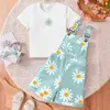 Comercio Exterior Ropa Infantil Verano Conjunto Niñas Dulce Color Sólido Top Estampado + Peto Estampado de Margarita Conjunto de Dos Piezas