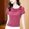 Diseño de Encaje Hermosas Blusas de Mujer Nueva Camiseta Flor Estéreo Color Puro Seda Brillante Malla Manga Corta Camiseta Básica para Mujer