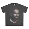Camiseta de manga corta para hombre, estilo callejero americano transfronterizo, estampado de retrato de Drake, peso pesado, lavada, retro, inspirada en hip-hop y rap
