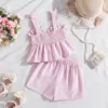 Moda de Verano para Niñas Transfronteriza Conjunto de Dos Piezas Rayado Top de Tirantes con Lazo Dulce Pantalones Cortos Casuales