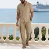 Traje Casual de Algodón y Lino para Hombre Otoño Europeo y Americano Amazon Conjunto Holgado con Sudadera con Capucha Henley Camisa de Manga Larga Pantalones Largos