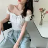Top Corto con Volantes y Hombros Descubiertos con Cordón, Tejido Ajustado Sexy de Manga Corta para Mujer