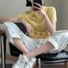 Polo de Punto de Lana con Solapa para Mujer, Delgado de Manga Corta de Color Sólido para Primavera y Verano, Camiseta Básica Casual de Corte Ajustado