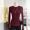 Suéter de Punto de Manga Larga con Botones de Diseño, Cuello Redondo Bajo, Color Borgoña, Estilo Coreano, Nuevo para Otoño/Invierno 2025 para Mujer