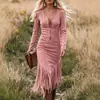 Estación independiente de Amazon de talla europea y americana transfronteriza vestido vintage western de vaquera ajustado de manga larga con flecos