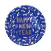 Fiesta de Año Nuevo Reunión Anual de la Empresa Feliz Año Nuevo Plato de Papel Azul Dorado Plato Decorativo para Pastel Plato de Cena