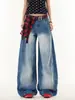 Jeans Desconstruído Xadrez Retro Americano Lavado para Mulheres Primavera e Outono 2025 Novo Cleanfit Calças de Perna Larga Scimitar