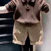 Roupa Infantil Coreana 2026 Primavera/Outono Nova Chegada Cor Café Gola Polo Texturizada Suéter de Tricô Calça Casual Khaki Infantil Tendência