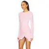 Vestido francés de manga larga para mujer, estilo europeo y americano, con cuello redondo, detalle de torsión lateral, ribete de volantes, abertura, corte ajustado, minivestido ajustado al cuerpo