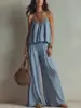 Conjunto de Dos Piezas de Verano: Camisola Sencilla de Cuadrado de Verano Estilo Francés Color Sólido con Pantalones Casuales de Pierna Ancha de Cintura Alta Versátiles