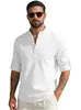 Camisa Casual Masculina de Linho Amazon Cross-border com Gola Henley Cor Sólida Estilo Americano Manga Longa Leve Respirável Tamanho Plus para Uso ao Ar Livre