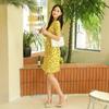 Vestido Curto de Verão Novo Amarelo Limão Azul Ilha Estampado de Bolinhas Wrap no Quadril Vestido de Peça Única com Cinto