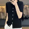 Moda Em Torno Do Pescoço Cor Sólida Cintura Apertada Emagrecimento Fivela Curta Meia Manga Lã Penteada Nova Malha Cardigan Manga Curta