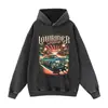 Sudadera con Capucha Lavada y Desgastada Estilo Vintage Americano con Estampado de Coche, Marca de Moda High Street, Sudadera Unisex Holgada al por Mayor