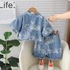 Lindo Conjunto Jeans Curto Estilo Chinês para Crianças 2024 Verão Novo Casual Soltinho Moda de Verão para Meninos e Meninas Bebê