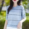 Top de Verano de Punto Fino Holgado con Rayas Jacquard de Lyocell, Cuello Redondo, Manga Corta, Ropa de Mujer Elegante
