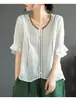 Algodón lino 2024 artístico retro manga corta algodón lino cuello V camiseta mujer holgada adelgazante versátil top bordado