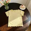 Estilo Coreano Camiseta Base Feminina Canelada Elástica de Manga Curta Verão Doce Estilo Gola de Renda Fofa Top Princesa Camiseta