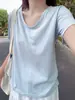 Camiseta Básica Feminina Casual de Algodão Fina com Manga Curta, Gola U Lisa, Cor Sólida, Estampa de Floco de Neve, Solta, para Verão, Respirável, Roupa de Baixo